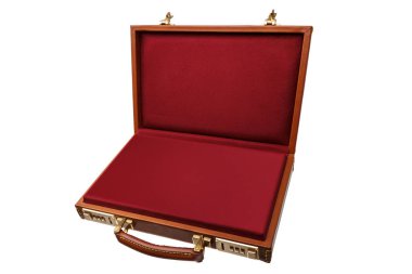 Şifreli kilit ve altın kilitleri beyaz arka plan üzerinde izole kahverengi deri bavul