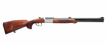 Beyaz arka planda izole edilmiş klasik çift namlulu düz namlulu av tüfeği. 