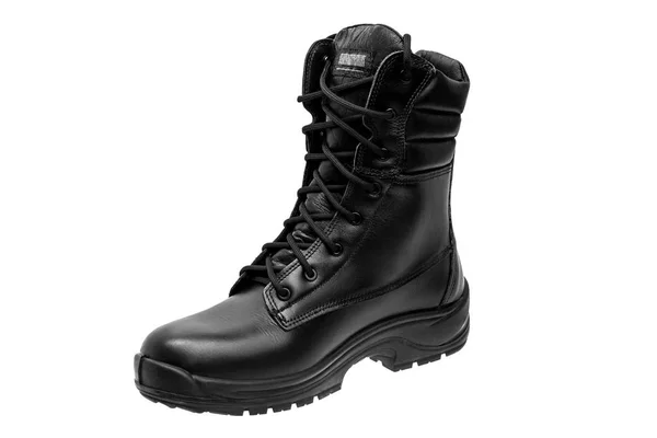 Botas Couro Militar Preto Isolado Fundo Branco — Fotografia de Stock