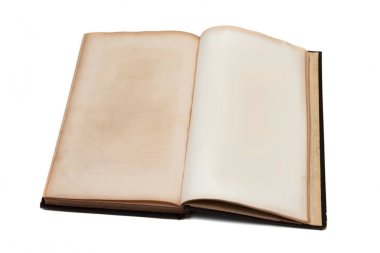 Beyaz arka plan üzerinde izole sararmış yaşlı sayfaları ile eski vintage kitap. Açık kitap mockup