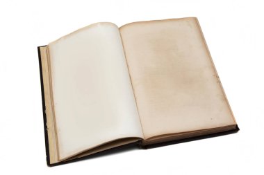 Beyaz arka plan üzerinde izole sararmış yaşlı sayfaları ile eski vintage kitap. Açık kitap mockup