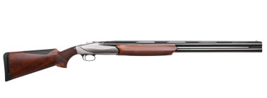 Beyaz arka planda izole edilmiş klasik çift namlulu düz namlulu av tüfeği. 