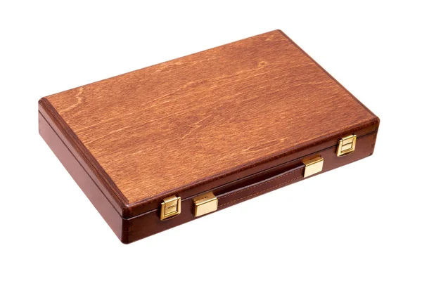 Ξύλινο Καφέ Κουτί Μια Λαβή Και Χρυσό Κλειδαριές Που Απομονώνονται — Φωτογραφία Αρχείου