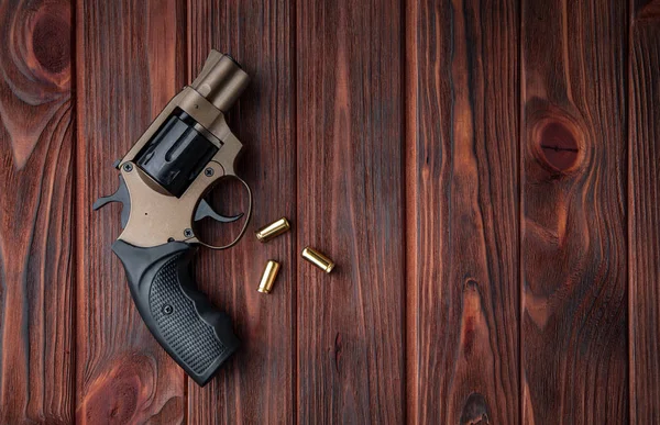 Pistol Cartridges Brown Wooden Background — Stock Photo, Image