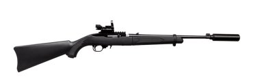 22LR siyah tüfek kolimatör görme ve susturucu ile izole beyaz arka plan üzerinde