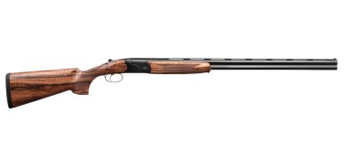 Beyaz arka planda izole edilmiş klasik çift namlulu düz namlulu av tüfeği. 