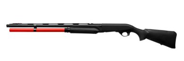 Silah. Beyaz arka plan üzerinde izole siyah kırmızı av tüfeği