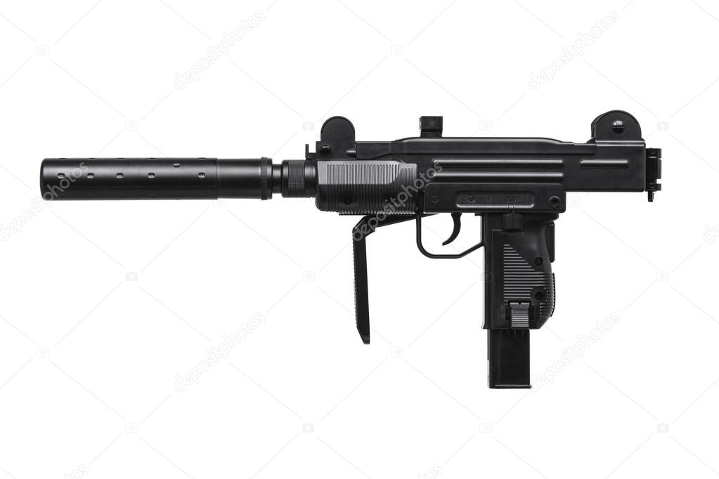 submachine gun with silencer isolated on white background