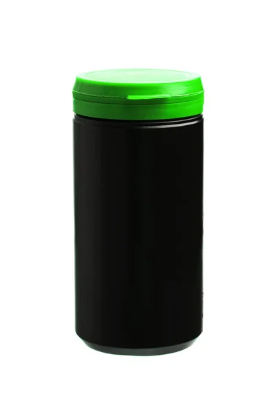黑色塑料罐与彩色盖子查出在白色背景 — 图库照片