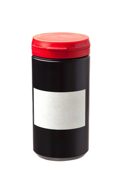 Black Plastic Jar Colored Lid Isolated White Background — Stock Photo, Image