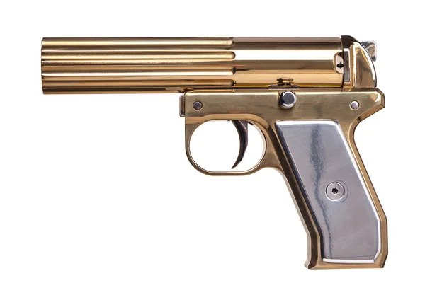 Gouden Signaal Flare Gun Geïsoleerd Witte Achtergrond — Stockfoto