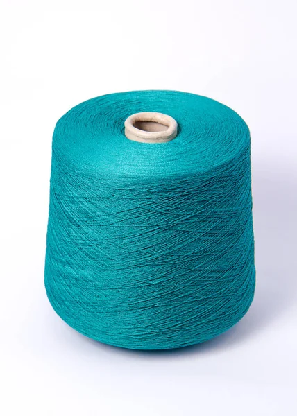 Blue Bobbin Yarn White Background Side View Textile Reel Isolated — Stock Photo, Image