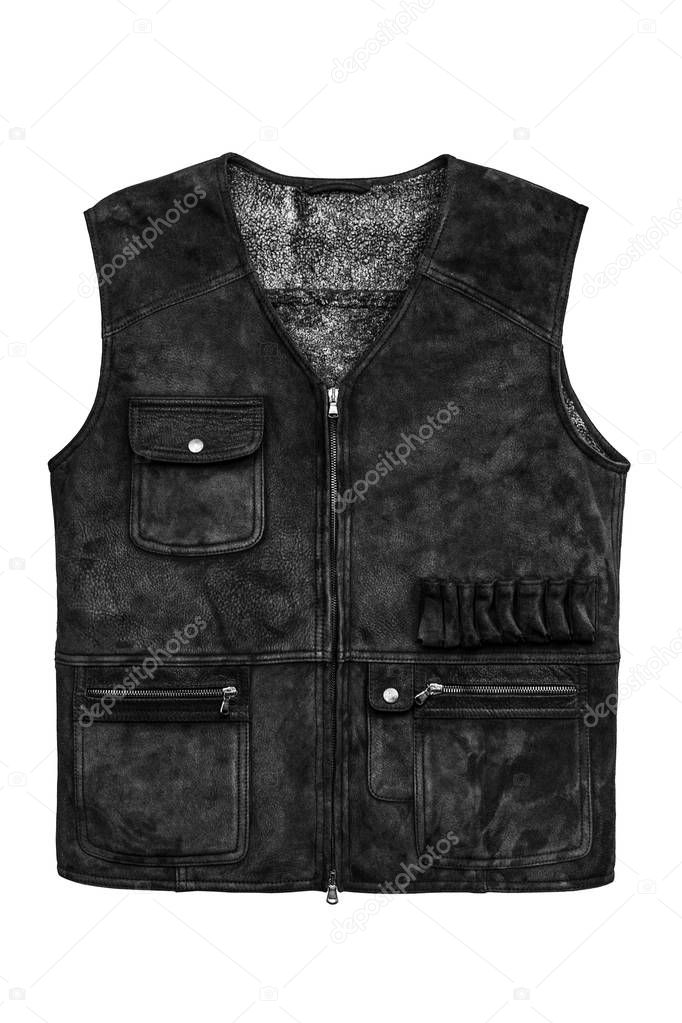 Black leather hunting vest with fur, with pockets isolated on white background