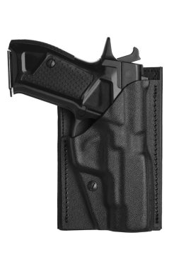 Beyaz arka plan üzerinde izole bir tabanca için siyah deri tabanca kılıfı