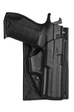 Beyaz arka plan üzerinde izole bir tabanca için siyah deri tabanca kılıfı