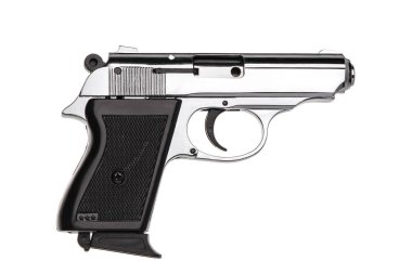 Beyaz arka plan üzerinde izole gümüş silah tabanca