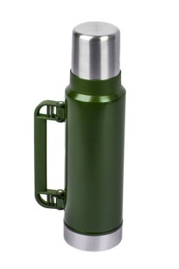 Metal termos beyaz arka plan üzerinde izole. Beyaz izole termo şişeye önden görünümü.