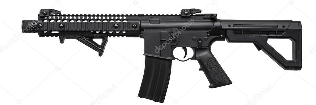 Modern black air rifle isolated on white back