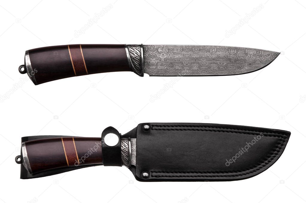 Damascus steel hunting knife with wooden handle in black leather