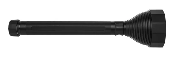 Moderne Taschenlampe aus schwarzem Metall isoliert auf weiß — Stockfoto