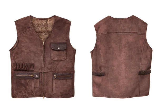 Brown leather hunting vest with fur, with pockets isolated on wh