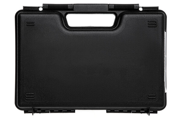Black plastic case for weapons or tools isolated on white background