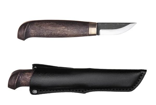 Κυνηγετικό μαχαίρι με ξύλινη λαβή σε δερμάτινη θήκη που απομονώνεται — Φωτογραφία Αρχείου