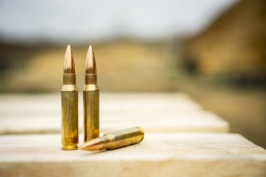 Ahşap bir masaüzerinde duran bir tüfek için 308 kalibrelik mühimmat