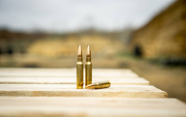 308 caliber ammunition for a rifle standing on a wooden table on