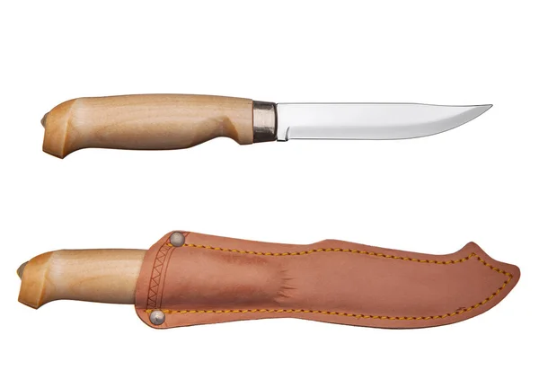 Coltello da caccia con manico in legno in una custodia in pelle isolata su — Foto Stock