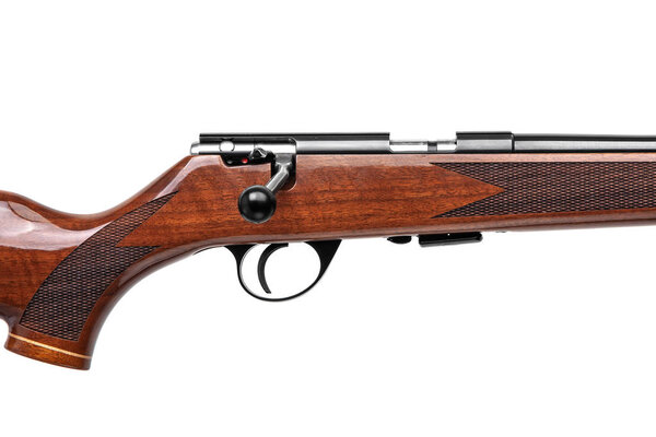 Small-bore rifle 22 lr with wooden butt isolated on white backgr