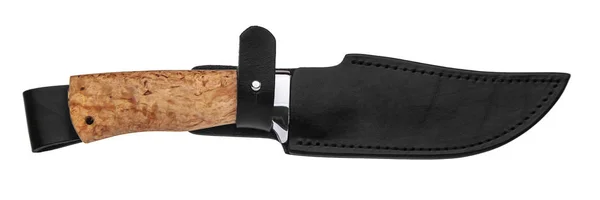 Av bıçağı ile ahşap sapı ve wh izole deri çanta — Stok fotoğraf