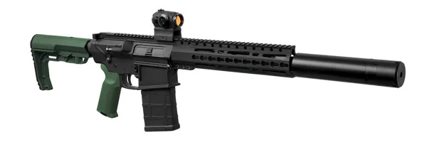 Modern automatic carbine with collimator sight and silencer.