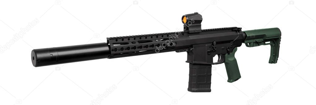 Modern automatic carbine with collimator sight and silencer.