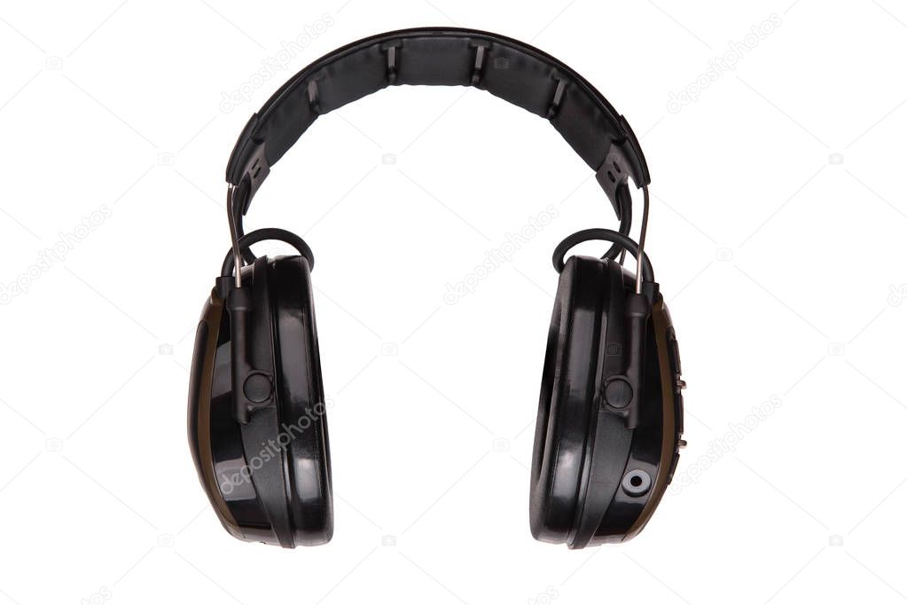 Protective headphones on white background. Safety equipment. Hea