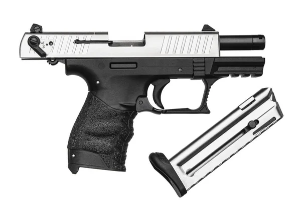 Pistola moderna in argento nero isolato su sfondo bianco — Foto Stock