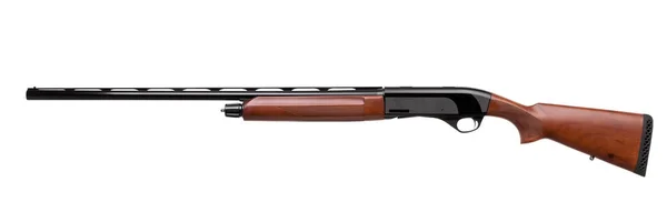 Semi-automatic shotgun with a wooden butt and forearm on black b — Stock Photo, Image