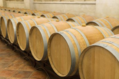 Şarap fıçıları şaraphanenin mahzeninde yığılmış. Şarap varil i