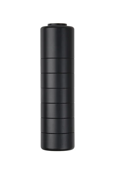 Black silencer for weapons. Suppressor that is at the end of an — Stock Photo, Image