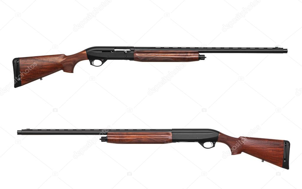 Hunting semi-automatic shotgun with wooden butt isolate on white