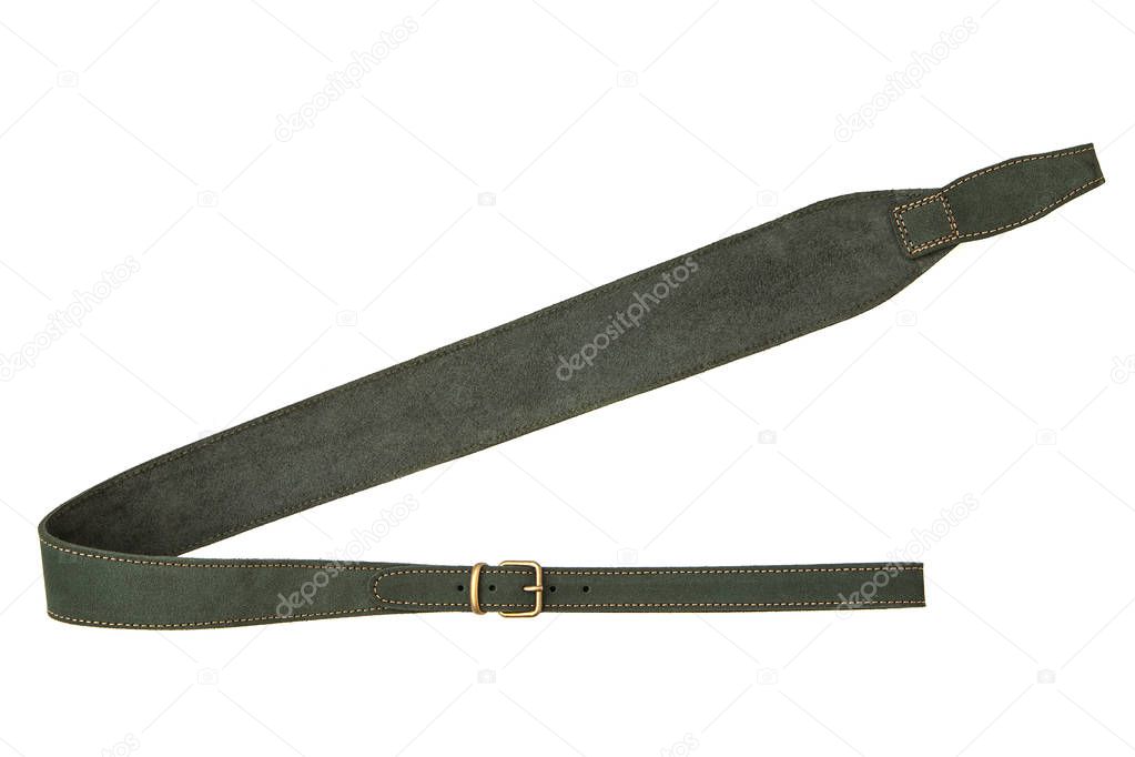 Green leather shoulder strap for a gun isolated on white backgro