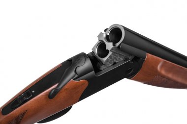 Beyaz izole klasik avcılık çift namlulu av tüfeği açıldı