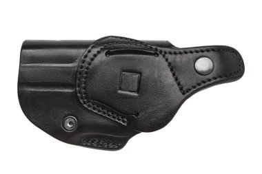 Beyaz bir arka plan üzerinde izole bir silah için siyah deri kılıf.