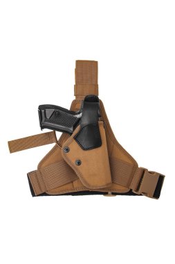 Beyaz bir sırt üzerinde izole bir silah için siyah deri kılıf