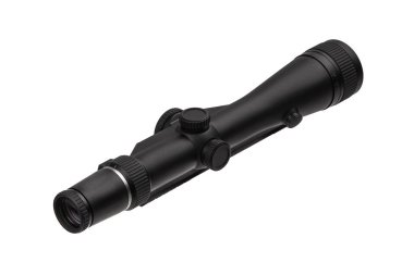 beyaza bürünen silah için modern siyah optik kapsam. Görüş 