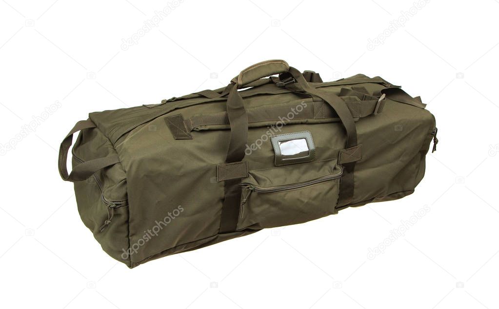 Green sport bag isolated on white background. Travel bag. Milita