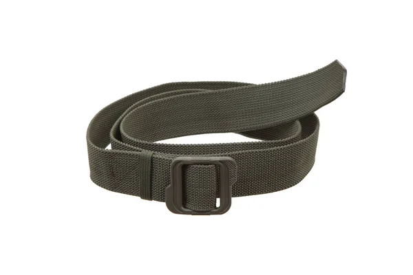 Green nylon fastening belt, strap isolated on white background.