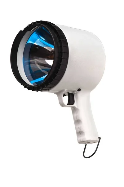 Lanterna com um grande refletor de perto em um fundo branco — Fotografia de Stock