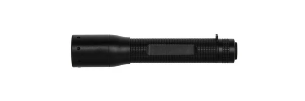 Modern black metal flashlight isolated on white — Stock Photo, Image