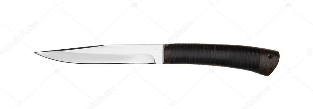 Hunting knife with wooden handle. Isolated on white back.
